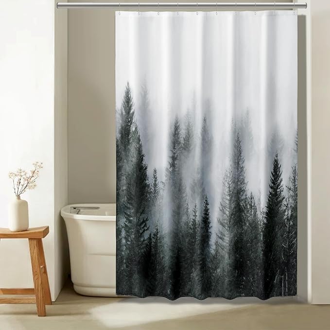 ORTIGIA 60x72 Misty Forest Stall Shower Curtain for Small Bathroom, Dark Green Narrow Nature Woodland Shower Curtain Set with Hooks, Waterproof Fabric Pine Tree Fog Magic Home Bath Curtain