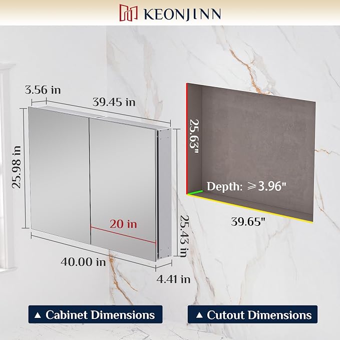 Keonjinn 40"x 26" White Bathroom Medicine Cabinet Mirror, Tempered Glass | Effortless Assembly, Lightweight, Wall-mounted or Recessed, Adjustable Shelves, Soft Close, Bathroom Mirror with Storage
