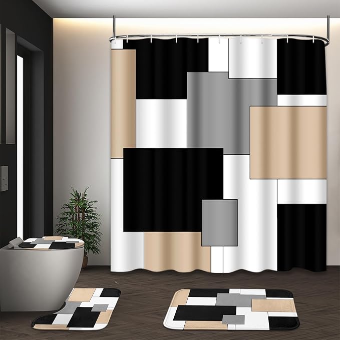 Bathroom Sets with Shower Curtain and Rugs, 4 Pcs, Geometric Beige | Checkered Abstract Modern Bathroom Decor Set with Toilet Lid Cover, Non-Slip Bath Mats and Accessories 12 Hooks