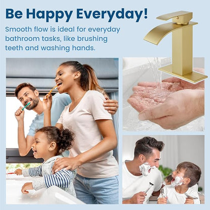 Airuida Brushed Gold Waterfall Spout Single Handle Bathroom Sink Faucet Single Hole Rv Lavatory Vanity Vessel Faucet Basin Mixer Tap with Deck Plate Supply Hoses 1 Hole or 3 Hole