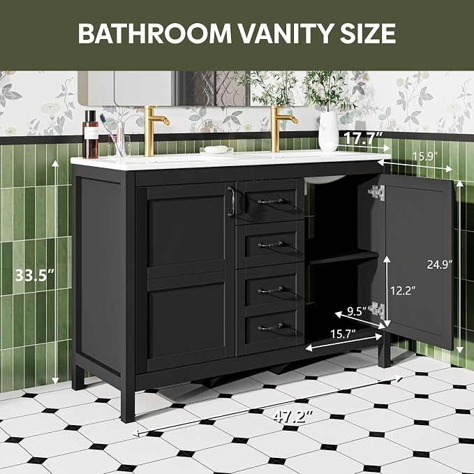 48" Bathroom Vanity with Sink Combo, Freestanding Modern Thickened Wood Bathroom Storage Cabinet with Undermount Double Sink, 3 Drawers & 2 Soft-Close Doors with Organizers, Black