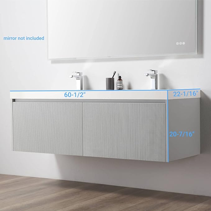 Blossom 60 Inch Double Sink Bathroom Vanity, All Wood Wall Mounted Floating Bathroom Vanity Cabinet with Acrylic Sink, Bathroom Sink Cabinet with Soft-Close Drawers, Modern Vanities, Light Grey