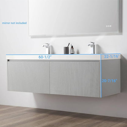 Blossom 60 Inch Double Sink Bathroom Vanity, All Wood Wall Mounted Floating Bathroom Vanity Cabinet with Acrylic Sink, Bathroom Sink Cabinet with Soft-Close Drawers, Modern Vanities, Light Grey