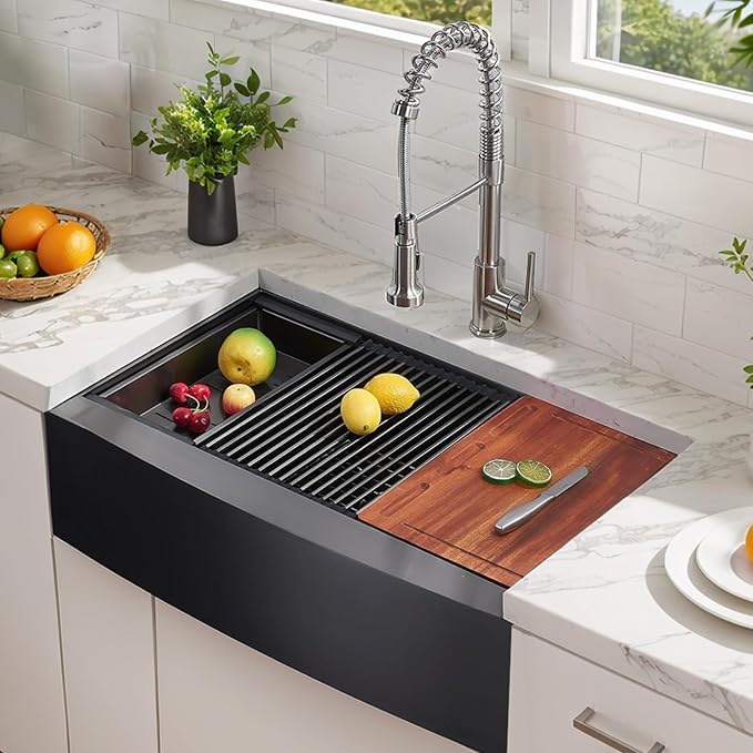 VAPSINT 33 Inch Black Farmhouse Kitchen Sink, 33x20x9 Inches Stainless Steel Undermount 16 Gauge Deep Single Bowl Apron Front Workstation Ledge Farm Sink with Accessories