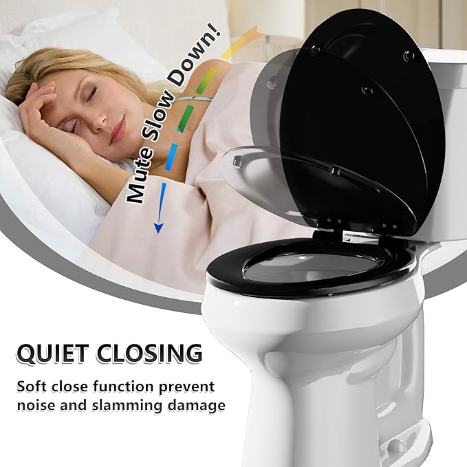 Angol Shiold Quiet-Close Molded Wood Toilet Seat with Non-Slip Adjustable Hinges, Anti-Pinch Bumpers, Easy Install & Clean（Black, Elongated 18.5''）