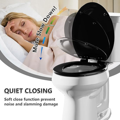 Angol Shiold Quiet-Close Molded Wood Toilet Seat with Non-Slip Adjustable Hinges, Anti-Pinch Bumpers, Easy Install & Clean（Black, Elongated 18.5''）