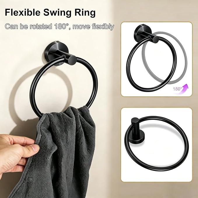5 Pieces Matte Black Bathroom Accessories Set Towel Bar Set | 24 Inch Towel Racks Wall Mounted,Toilet Paper Holder,Towel Ring,2 Towel Hooks,Stainless Steel Bathroom Hardware Set
