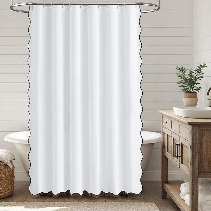 BTTN Extra Long Boho Scalloped Linen Textured Shower Curtain, 72x96, White | Extra Tall Size, 230GSM Waterproof Polyester, Heavy Duty Fabric, 12 Plastic Hooks, Elegant Farmhouse Style, Machine Washable