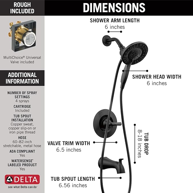 Delta Faucet Arvo 14 Series Single-Handle Tub and Shower Trim Kit, Shower Faucet with 4-Spray In2ition 2-in-1 Dual Hand Held Shower Head with Hose, Matte Black 144840-BL-I (Valve Included)