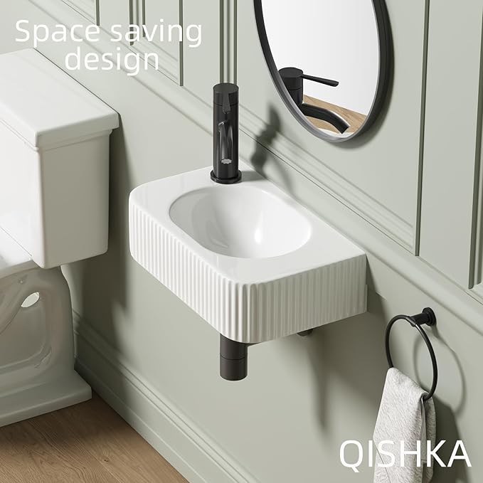 Wall Hung Bathroom Sink, QISHKA 17.5" X 11" Rectangular Floating Ceramic Wash Hand Basin White Wall Mount Vessel Sink for Small Bathroom and Small Cloakroom