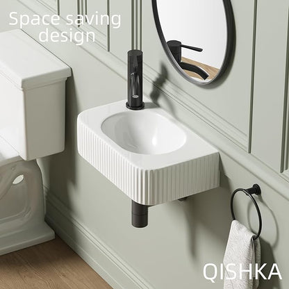 Wall Hung Bathroom Sink, QISHKA 17.5" X 11" Rectangular Floating Ceramic Wash Hand Basin White Wall Mount Vessel Sink for Small Bathroom and Small Cloakroom