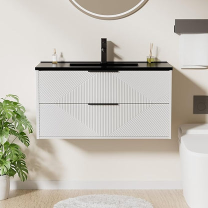 LUCKWIND 36" Floating Bathroom Vanity with Black Sink Combo, Wall Mounted Floating Cabinet with 2 Large Soft-Close Drawers & Water Saving Faucet, Geometric Textured Design in White