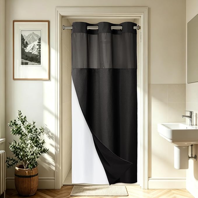 EUTXL Heavyweight Stall No Hook Shower Curtain with Snap in Liner,256GSM Waffle Weave Shower Curtains for Bathroom,48W x 74H,Black