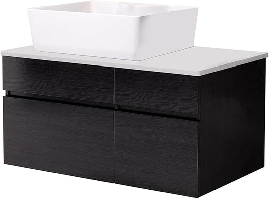 31.5" Floating Bathroom Vanity with Sink, Soft Closing Drawers, Solid Wood Modern Single White Bathroom Vanity Cabinet with Drawers and Shelves, Wall Mounted