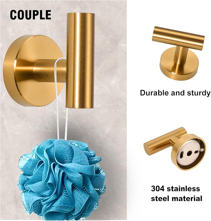 5 Piece Modern Style Wall Mounted Bathroom Hardware Set | #304 Stainless Steel, 24" Towel Bar Mount, Towel Rings, L Shape Toilet Paper Holder, Bathrobe Hook (Brushed Gold)