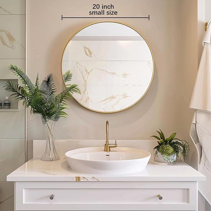 Gold Circle Mirror, 20 inch Round Wall Mirror, Brushed Metal Frame | High Definition Mirror, Rust-resistant, Easy Installation, Round Mirrors for Bedroom, Guest Room, Baby room, Vanity