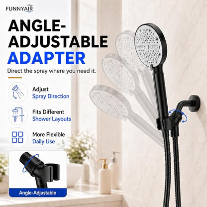 High Pressure Shower Head, Stick-on Low Mount Wall Bracket, Black | 5 Spray Modes, Water-Saving, 360° Adjustable Bracket, For Low Water Pressure Home, RV, Bathroom, Fix Firmly Kid-Friendly
