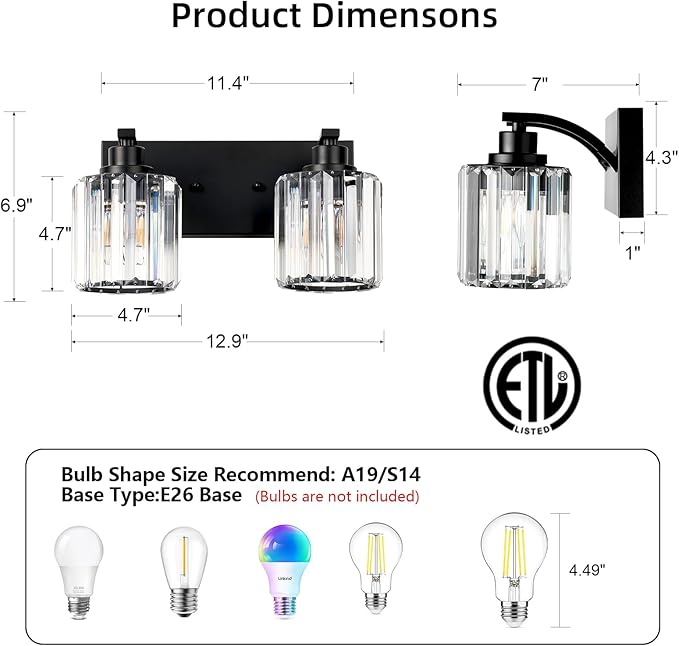 2 Lights Crystal Bathroom Vanity Light Modern Black Bathroom Light Fixture Over Mirror Vanity Lights for Bedroom,Restroom,Hallway E26 Base