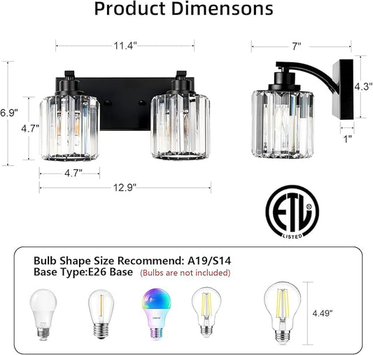 2 Lights Crystal Bathroom Vanity Light Modern Black Bathroom Light Fixture Over Mirror Vanity Lights for Bedroom,Restroom,Hallway E26 Base