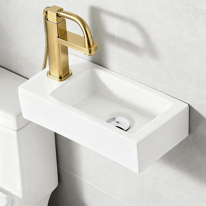 14"x7" Small Bathroom Sink Wall Mount Bathroom Sink Rectangle Ceramic Wash Basin floating Mini Vessel Sink for Bathrooms, Left Hand
