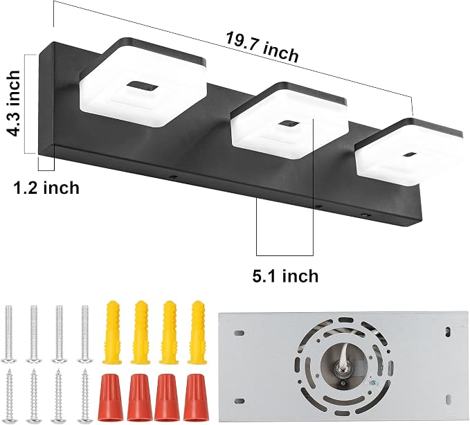GOODATE 3 Colors Dimmable Black Bathroom Light Fixtures Over Mirror, LED Vanity Lights, Acrylic Stainless Steel 3 Light Bathroom Vanity Light Fixtures, Adjustable 3000K/4000K/6000K, 360° Rotate