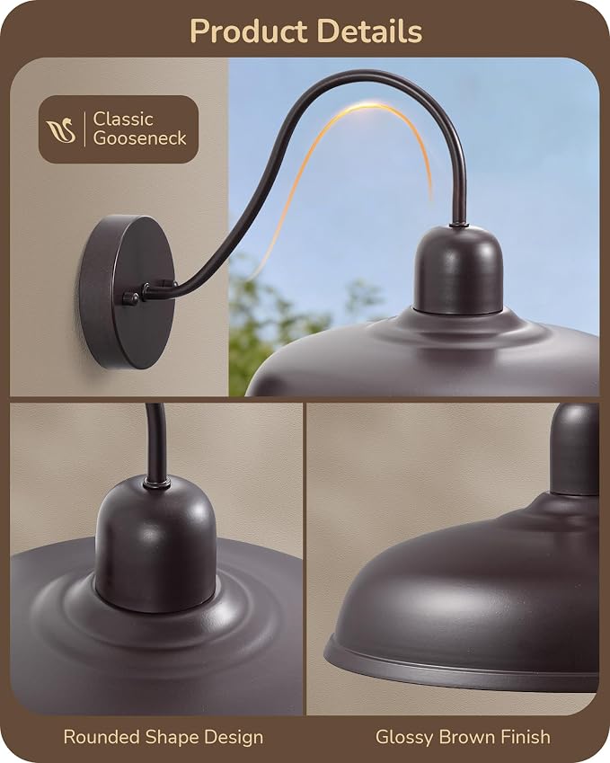 EDISHINE 12" Farmhouse Gooseneck Barn Light, 2 Pack Outdoor Wall Light | Brown, E26 Socket, Hardwired, Wall Mount Lantern for Porch, Entryway, Garage, Garden, Patio
