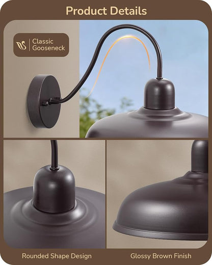 EDISHINE 12" Farmhouse Gooseneck Barn Light, 2 Pack Outdoor Wall Light | Brown, E26 Socket, Hardwired, Wall Mount Lantern for Porch, Entryway, Garage, Garden, Patio