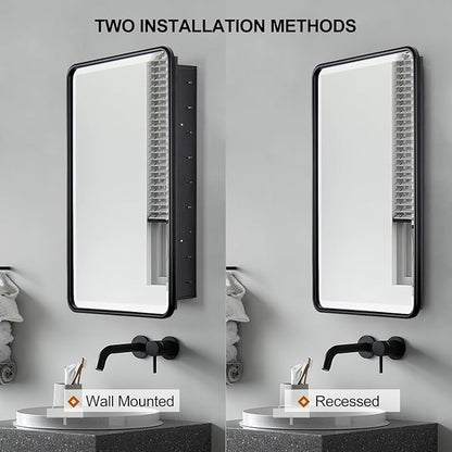 Black Bathroom Medicine Cabinet with Mirror 21 x 34 Metal Frame Recessed Or Wall Mounted Single Door Storage Medicine Cabinets with Adjustable Shelves Rounded Corner Beveled Mirrors