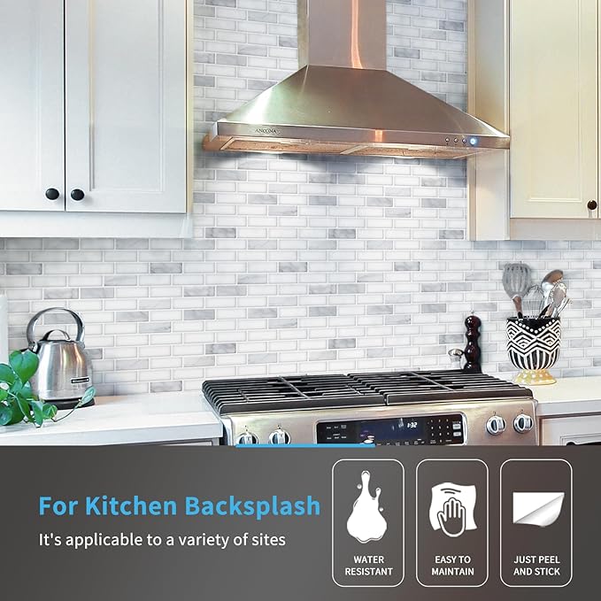 Art3d 10-Pack Peel and Stick Stone Backsplash Tile, 12" x 12", White Marble | Strong Adhesion, Lightweight, Cuttable, Waterproof, Fadeless, Crack Resistant, for Kitchen, Bedroom, Ideal for Recently Moved