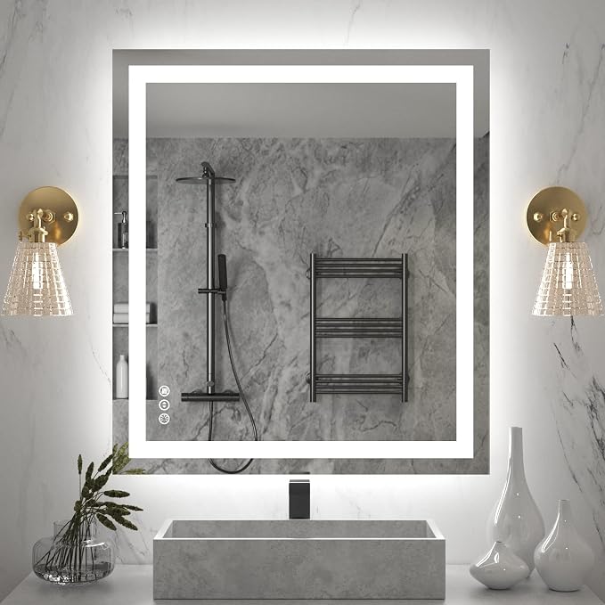 LED Bathroom Mirror 36"X32" with Front Light and Backlit | Stepless Dimmable, Anti-Fog, Shatter-Proof, HD Reflection, Memory, 3 Colors Lighting, UL Listed (Horizontal/Vertical).