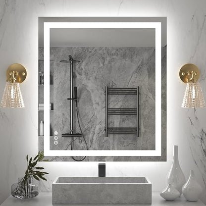 LED Bathroom Mirror 36"X32" with Front Light and Backlit | Stepless Dimmable, Anti-Fog, Shatter-Proof, HD Reflection, Memory, 3 Colors Lighting, UL Listed (Horizontal/Vertical).