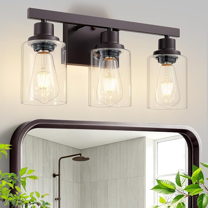 3 Light Bathroom Vanity Light,Oil Rubbed Bronze Vanity Lights 17" | Bronze Bathroom Light Fixtures over Mirror,with Clear Glass,Modern Wall Sconces for Bathroom,E26 Base