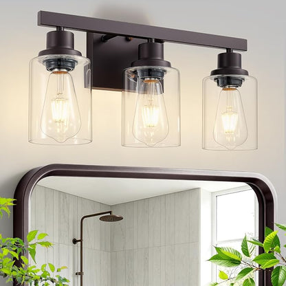 3 Light Bathroom Vanity Light,Oil Rubbed Bronze Vanity Lights 17" | Bronze Bathroom Light Fixtures over Mirror,with Clear Glass,Modern Wall Sconces for Bathroom,E26 Base