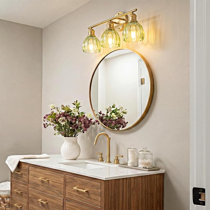 Bathroom Light Fixtures, 3-Light Brushed Gold Vanity Lights for Bathroom with Green Tulip Glass Shade, 20" Vintage Bathroom Vanity Lighting Fixtures Over Mirror for Bedroom Living Room Hallway