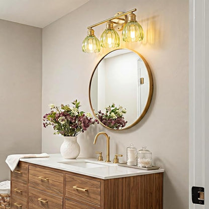 Bathroom Light Fixtures, 3-Light Brushed Gold Vanity Lights for Bathroom with Green Tulip Glass Shade, 20" Vintage Bathroom Vanity Lighting Fixtures Over Mirror for Bedroom Living Room Hallway