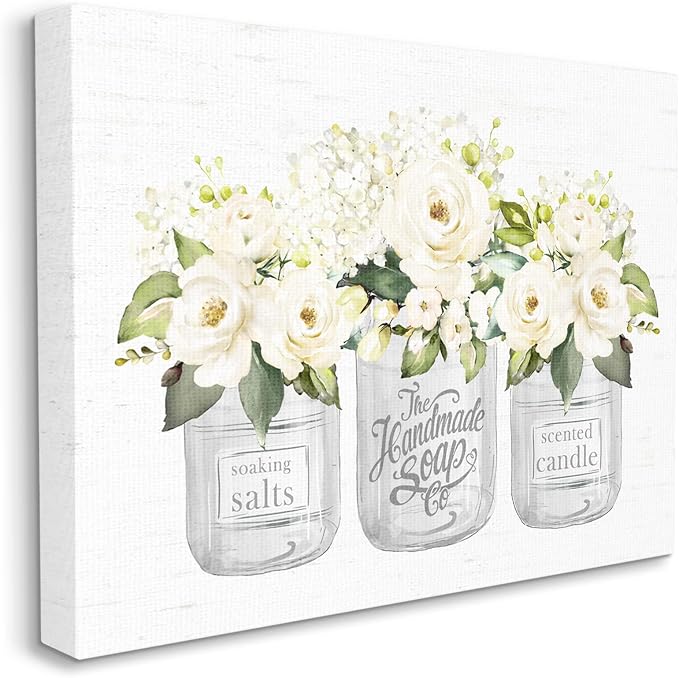 White Roses Rustic Candle Jars, 36 x 48 Inch Canvas Wall Art | Stupell Industries · By Lettered and Lined · Ready to hang · Charming country decor for bathroom or living room · Made in USA