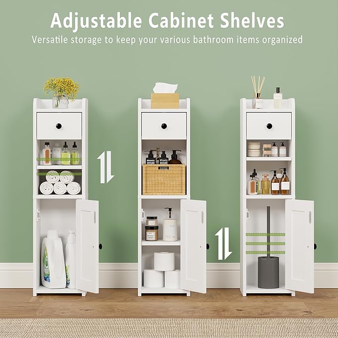 Small Bathroom Storage Cabinet,Narrow Toilet Paper Holder,Corner Floor Cabinet with Doors and Drawer for Small Space,Adjustable Shelf Organizer,7.75L*7.75D*29.6H,White