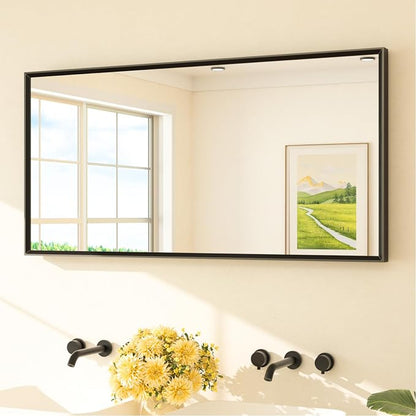 Black Bathroom Mirror Beveled Frame 48" x 24" Black Rectangle Metal Framed Bathroom Wall Vanity Mirror for Over Sink, Tempered Glass, Modern Farmhouse Bedroom, Entryway, Living Room
