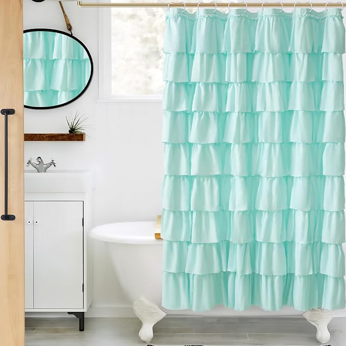 Teal Ruffle Shower Curtain, Elegant Boho Bathroom Decor, Extra Long Textured Fabric, Rustic Farmhouse Style, Chic Girly Aqua Curtains, Privacy & Decorative Design, 36 x 72 inch