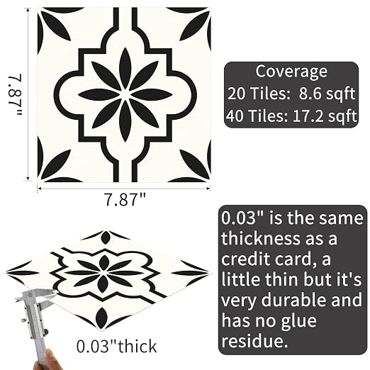 MORCART Peel and Stick Floor Tile, Vinyl Flooring Waterproof, DIY Flooring for Bathroom, Kitchen, Fireplace, Pet House, Stairs, Bedrooms, Wall (40PCS,7.87" x 7.87",Black)