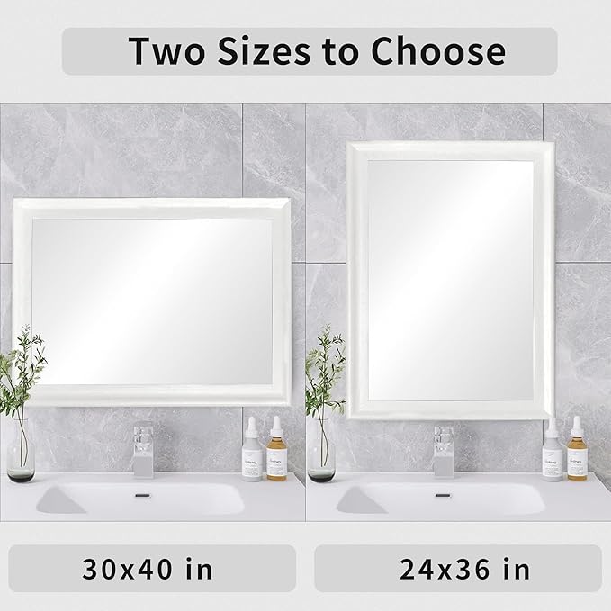 Rectangle Mirrors for Wall 30x40 Inch, White Wood Framed Bathroom Mirror with Tempered Glass,Shatter-Proof Mirror for Bedroom Living Room Office or Hallway (White, 30x40 in)