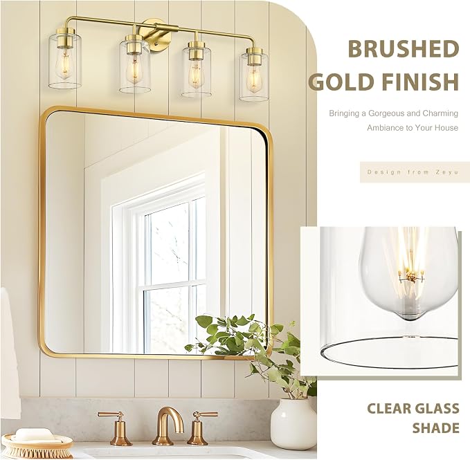 zeyu 4-Light Bathroom Light Fixtures, Gold Vanity Lights for Bathroom, 31 Inch Wall Sconce Lighting, Brushed Gold Finish, Clear Glass Finish, ZS62B-4W BG