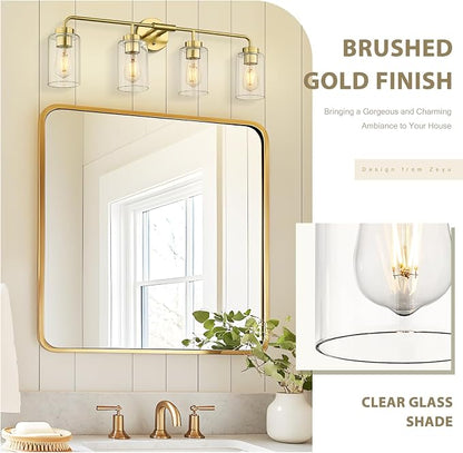 zeyu 4-Light Bathroom Light Fixtures, Gold Vanity Lights for Bathroom, 31 Inch Wall Sconce Lighting, Brushed Gold Finish, Clear Glass Finish, ZS62B-4W BG