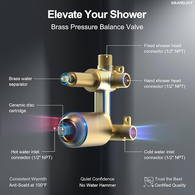 Wall Mount Shower System with Handheld Shower, Brushed Gold | 6-inch rain head, pressure-balanced brass valve, 2-function control and included 59-inch hose