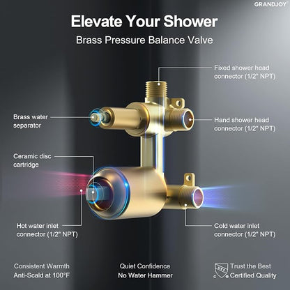 Wall Mount Shower System with Handheld Shower, Brushed Gold | 6-inch rain head, pressure-balanced brass valve, 2-function control and included 59-inch hose