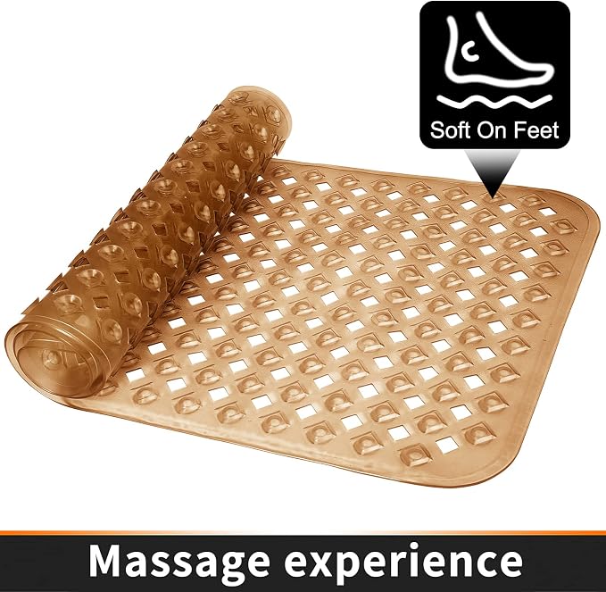 Yimobra Bathtub Mat Non Slip, 35"X16" Shower Mat with Strong Suction Cups&Drain Holes, Long Anti Slip Bath Tub Mat for Inside Shower, Machine Washable Fast Drying, Bathroom Essentials,Clear Brown