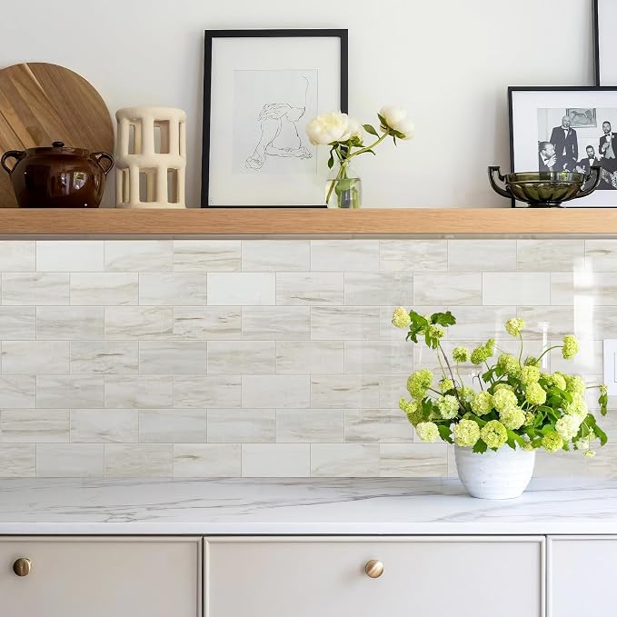 Vamos Tile 100-Piece Glossy Wooden Marble Grain Peel and Stick Backsplash Tile,3''x6'' PVC Subway Tile with White Grout, Stick on Backsplash for Kitchen/Bathroom/Fireplace