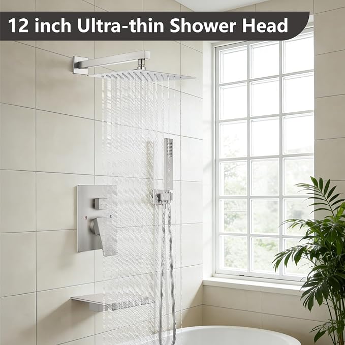 Midanya Shower System with Tub Spout,12 Inch Shower Head,Brushed Nickel | with Valve & Trim Kit,Square Rain Head,Handheld Sprayer,Waterfall Spout,All Metal Wall Mount Bathroom Shower Tub Faucet Set