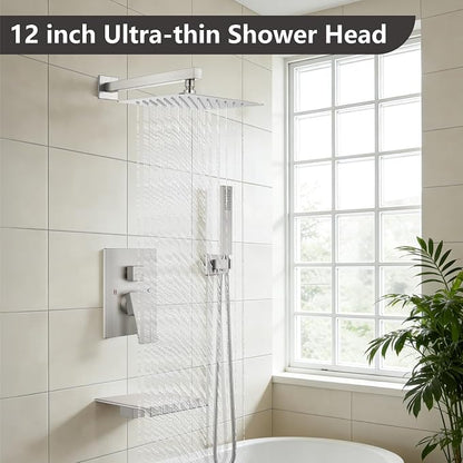 Midanya Shower System with Tub Spout,12 Inch Shower Head,Brushed Nickel | with Valve & Trim Kit,Square Rain Head,Handheld Sprayer,Waterfall Spout,All Metal Wall Mount Bathroom Shower Tub Faucet Set