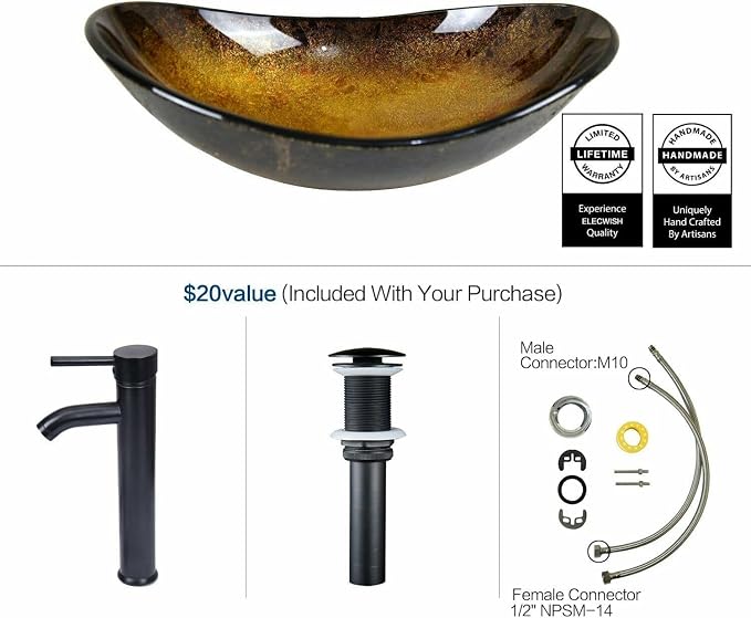 YOURLITE 24" Bathroom Vanity with Sink, White Bathroom Vanity with Faucet & Pop Up Drain Set,Traditional Vanity with Black Glass Bowl Bathroom Sink
